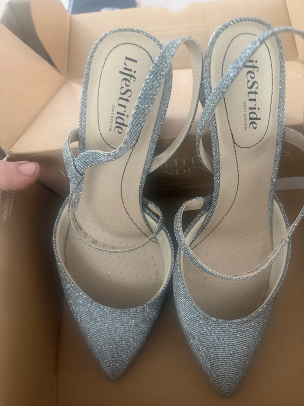 Life Stride Silver Glitter Pointed Toe Slingback Heels 9.5 W